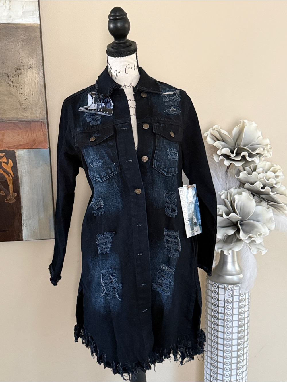 Distressed Long Black Denim Jacket with Frayed Hem